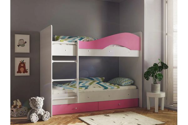 Двухъярусная кровать с ящиками Мая белый-розовый