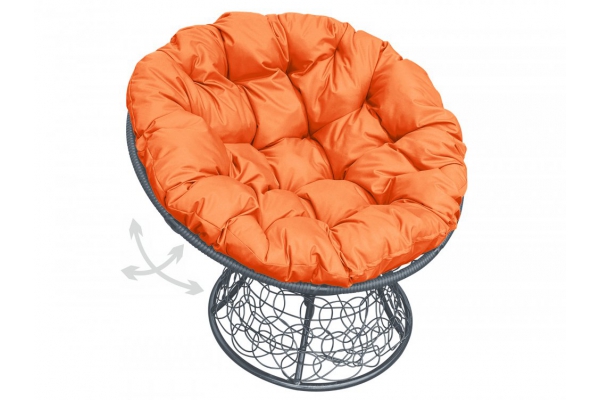 Кресло Папасан пружинка с ротангом каркас серый-подушка оранжевая