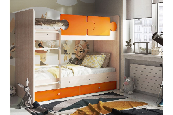 Кровать двухъярусная Тетрис латы с бортиками дуб млечный-оранж